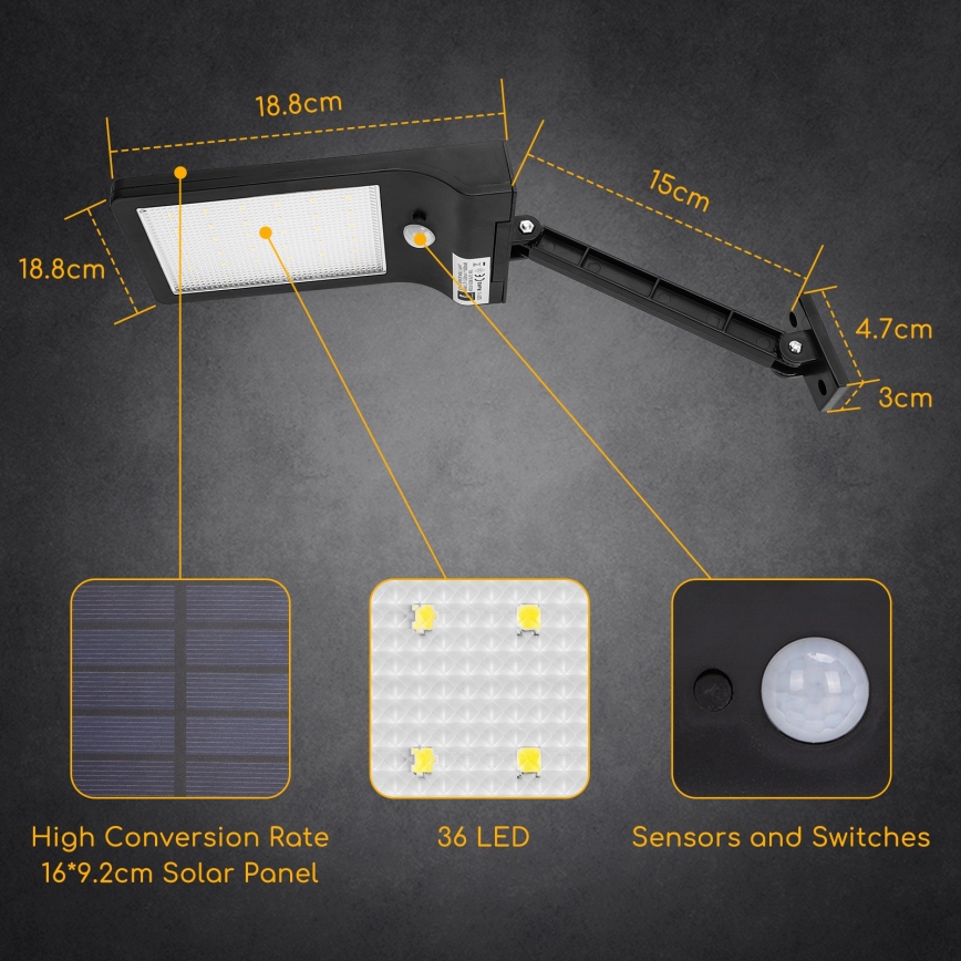 Aigostar - Lampadaire solaire avec détecteur LED/2,3W/5,5V 1800 mAh IP65
