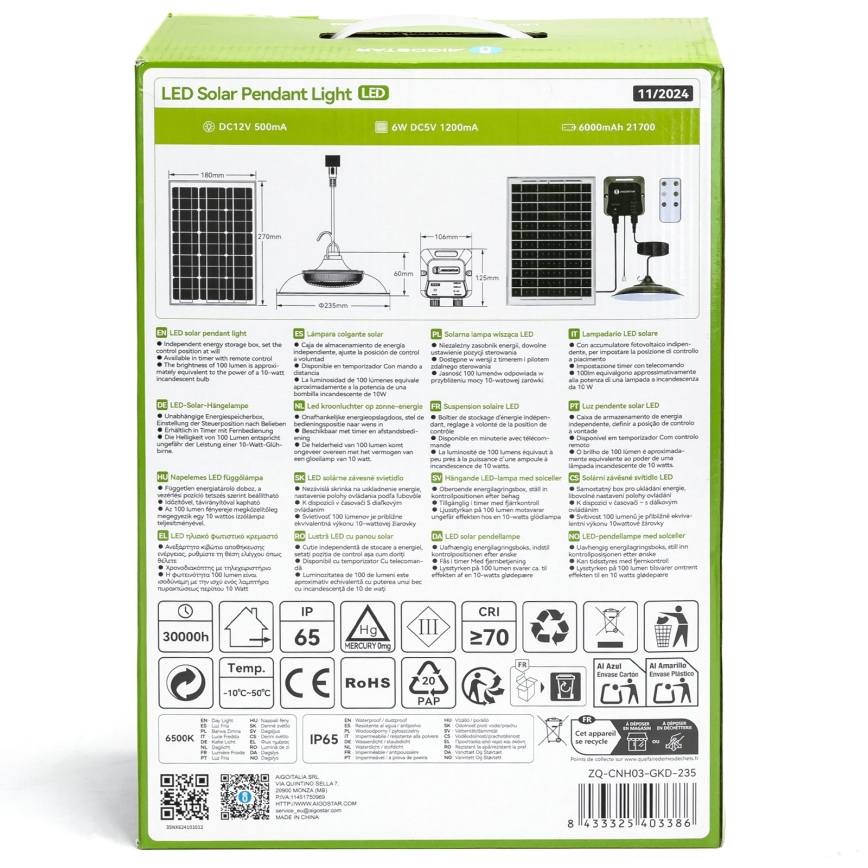 Aigostar - Lampadario solare a LED LED/70W/12V 6000 mAh 6500K IP65 Ø 23,5 cm + telecomando incluso