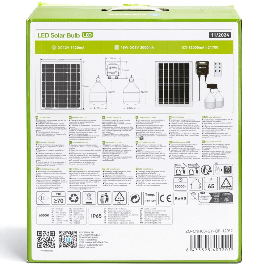 Aigostar - Lampada solare LED con sensore 2xLED/70W/12V 12000 mAh 6500K IP65 diam. 12 cm + telecomando