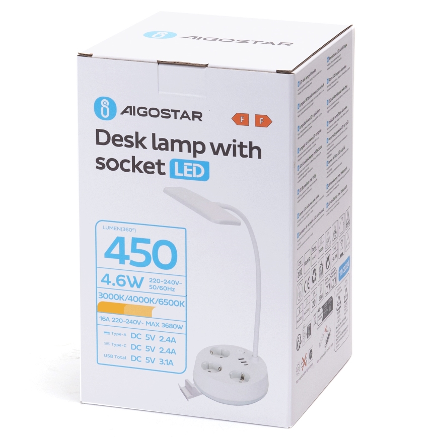 Aigostar - Lampe de bureau LED dimmable avec prises et port USB LED/4,6W/230V 3000/4000/6500K blanche