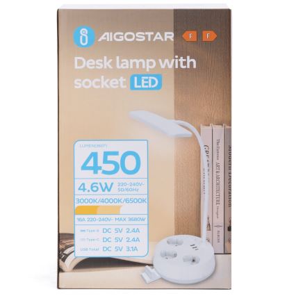 Aigostar - Lampe de bureau LED dimmable avec prises et port USB LED/4,6W/230V 3000/4000/6500K blanche