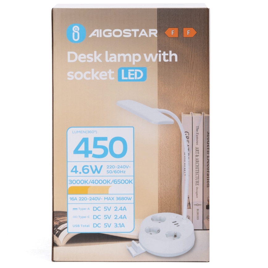 Aigostar - Lampe de bureau LED dimmable avec prises et port USB LED/4,6W/230V 3000/4000/6500K blanche