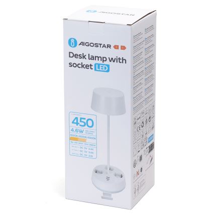 Aigostar - Lampe de bureau LED dimmable avec prises et port USB LED/4,6W/230V 3000/4000/6500K blanche