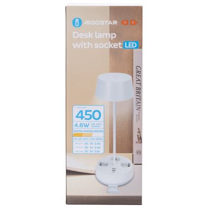 Aigostar - Lampe de bureau LED dimmable avec prises et port USB LED/4,6W/230V 3000/4000/6500K blanche