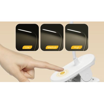 Aigostar - Lampe de table à intensité variable rechargeable avec pince LED/2,5W/5V 1200mAh blanc