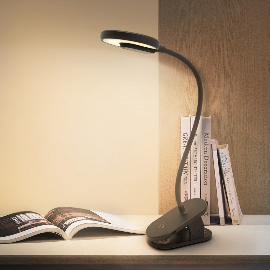 Aigostar - Lampe de table à intensité variable rechargeable avec pince LED/3W/5V 1800mAh noir
