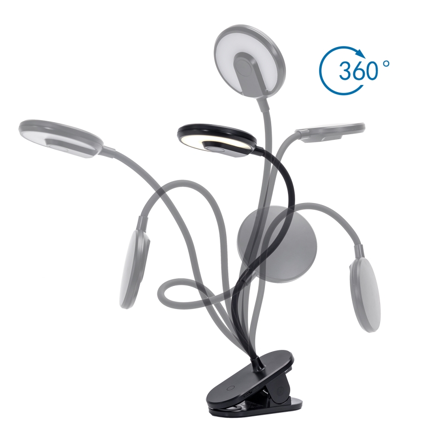 Aigostar - Lampe de table à intensité variable rechargeable avec pince LED/3W/5V 1800mAh noir
