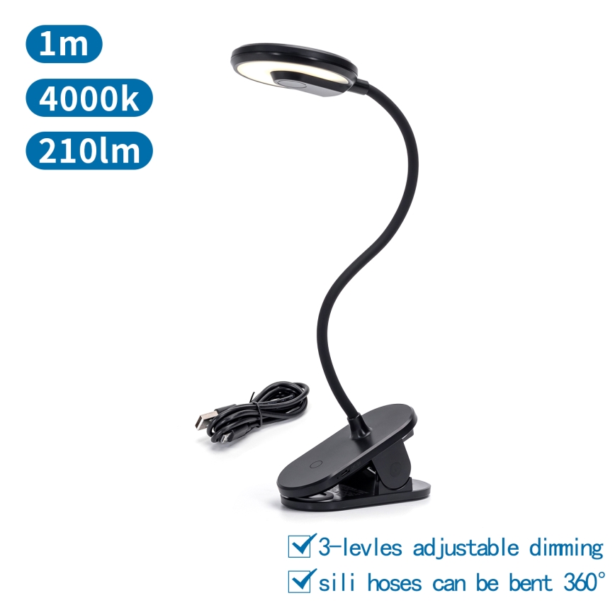 Aigostar - Lampe de table à intensité variable rechargeable avec pince LED/3W/5V 1800mAh noir