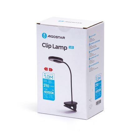 Aigostar - Lampe de table à intensité variable rechargeable avec pince LED/3W/5V 1800mAh noir