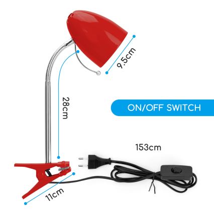 Aigostar - Lampe de table avec pince 1xE27/11W/230V rouge/chrome brillant