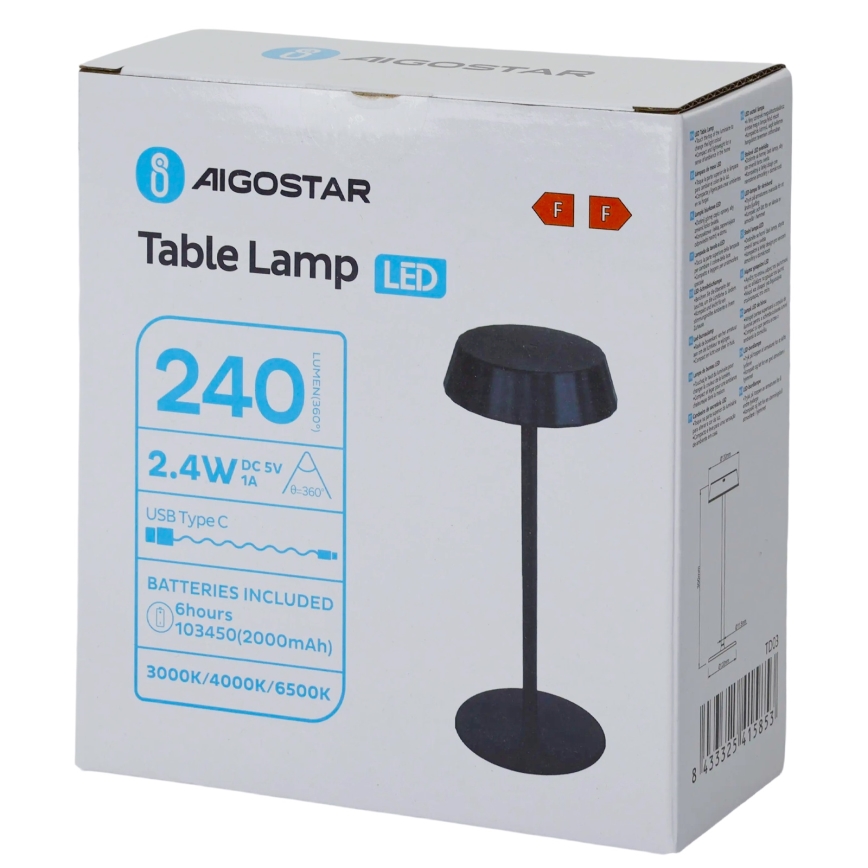 Aigostar - Lampe de bureau LED dimmable AMBIENT LED/2,4W/5V 3000-6500K noire 2000 mAh