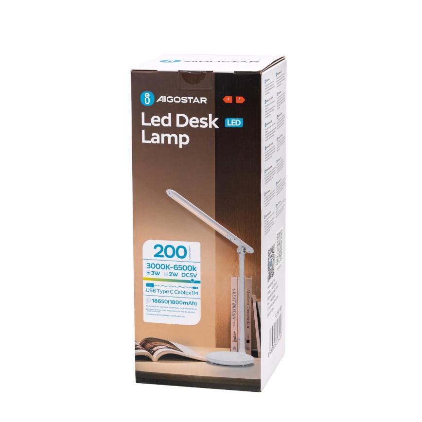 Aigostar - Lampe de table tactile rechargeable et à intensité variable LED/3W/5V 2700/4000/6500K 1800 mAh