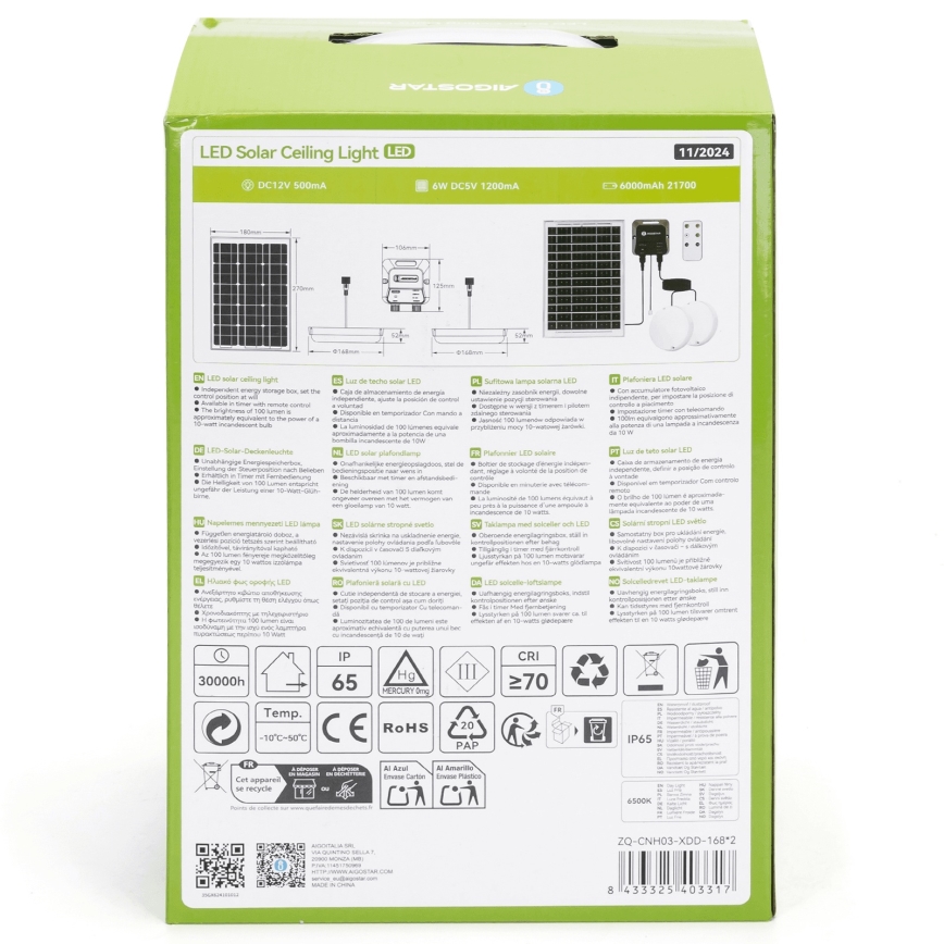 Aigostar - Lampe solaire LED 2xLED/35W/12V 6000 mAh 6500K IP65 Ø 16,8 cm + télécommande