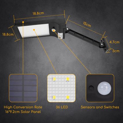 Aigostar - Lampione stradale solare a LED con sensore LED/2,3W/5,5V IP65