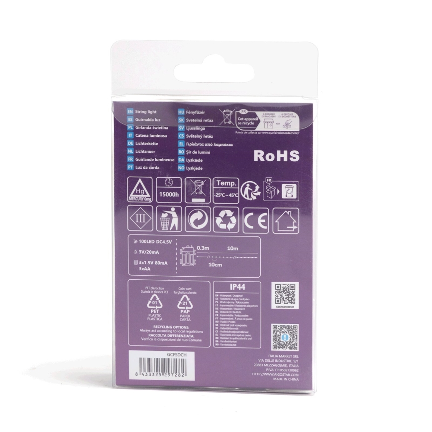 Aigostar - LED Außen-Weihnachtslichterkette 100xLED/8 Funktionen/3xAA 10,3m IP44 mehrfarbig