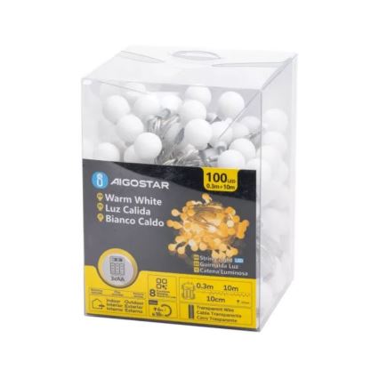 Aigostar - LED Weihnachts-Lichterkette für den Außenbereich 100xLED/3xAA/8 Funktionen 10,3 m IP44 warmweiß