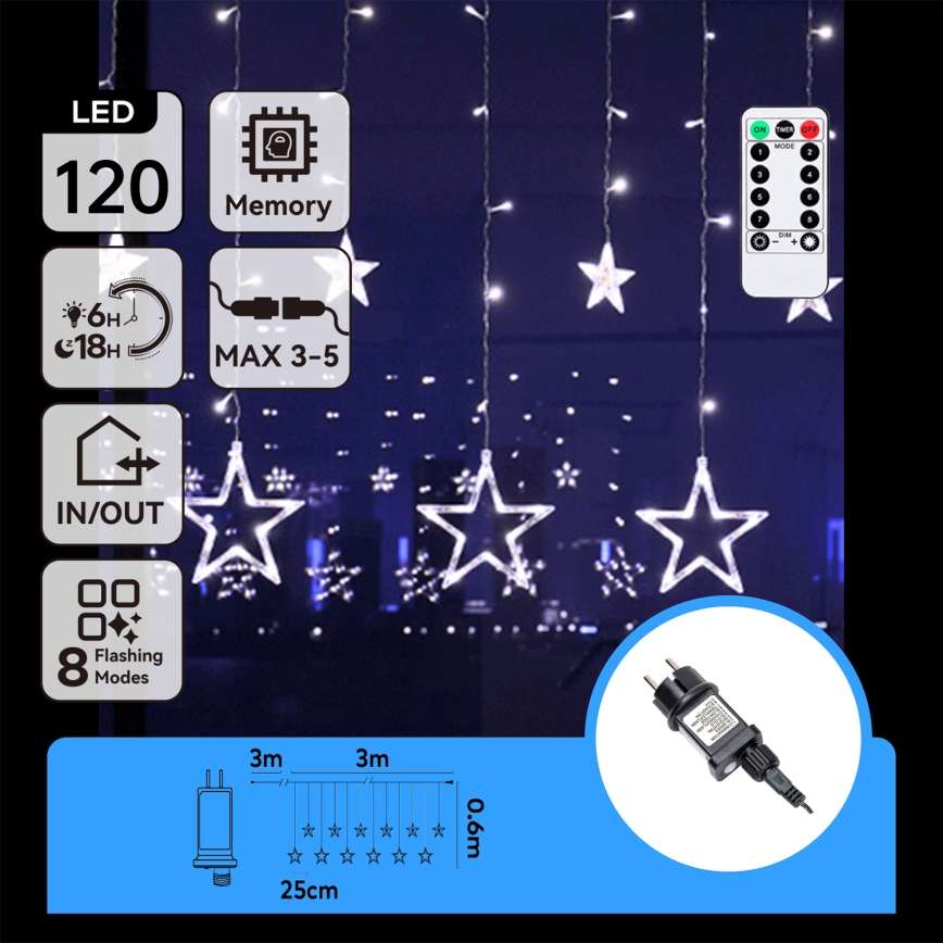 Aigostar - LED Außen Lichterkette 120xLED/8 Funktionen 3x0,6 m IP44 kaltweiß + Fernbedienung