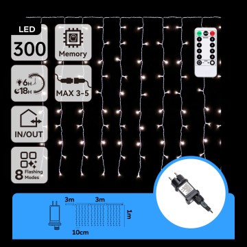 Aigostar - LED-Außen-Lichterkette 300xLED/8 Funktionen 3x1m IP44 kaltweiß + Fernbedienung