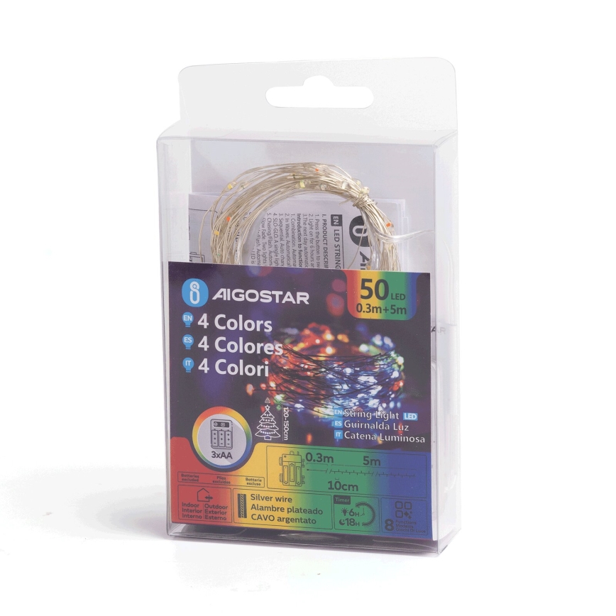Aigostar - LED-Außen-Lichterkette 50xLED/8 Funktionen 3xAA 5,3 m IP44 mehrfarbig