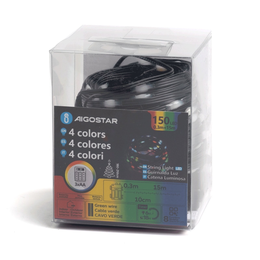 Aigostar -LED Außen-Weihnachts-Lichterkette 150xLED/8 Funktionen 3xAA 15,3m IP44 mehrfarbig