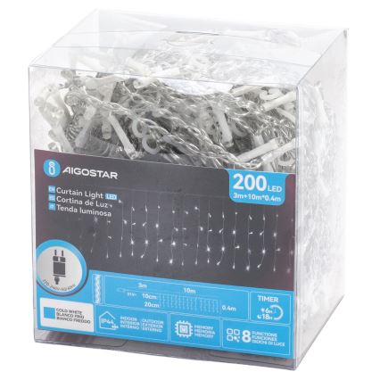 Aigostar - LED-Außen-Weihnachtslichterkette 200xLED/3,6W/230V/8 Funktionen 10x0,4m IP44 kaltweiß