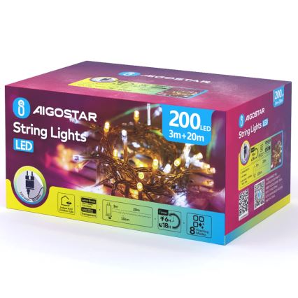Aigostar - LED-Außen-Weihnachtslichterkette 200xLED/8 Funktionen 23m IP44 Warmweiß/Kaltweiß