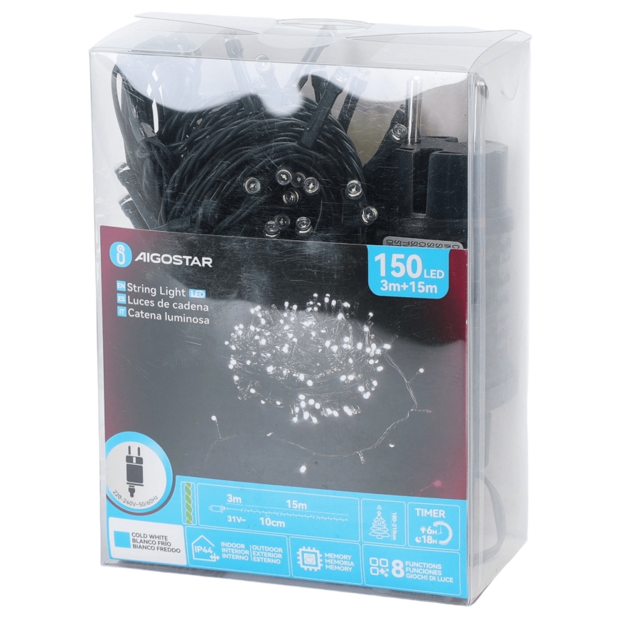Aigostar - LED-Außen-Weihnachtskette, 150 LEDs, 8 Funktionen, 18 m, IP44, kaltweiß