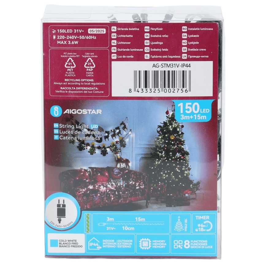 Aigostar - LED-Außen-Weihnachtskette, 150 LEDs, 8 Funktionen, 18 m, IP44, kaltweiß