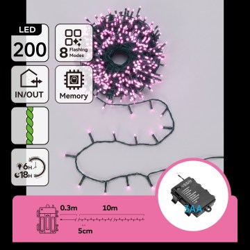 Aigostar - LED-Außen-Weihnachtskette 200 LEDs/8 Funktionen 3xAA 10,3 m IP44 rosa