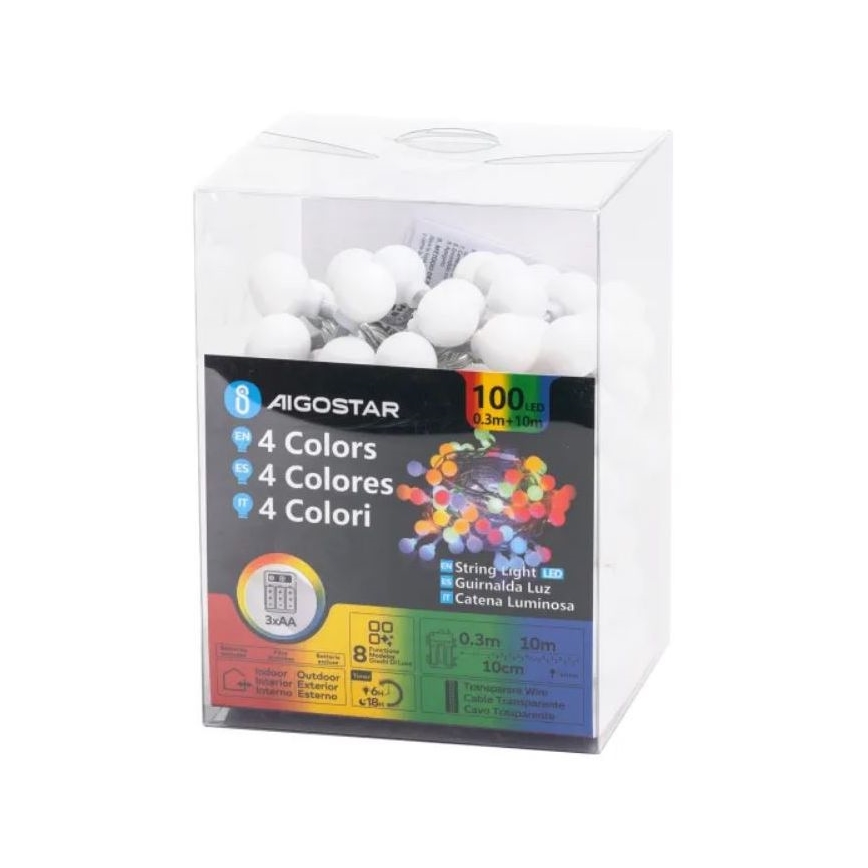 Aigostar - LED-Außen-Weihnachtslichterkette, 100 LEDs, 3×AA, 8 Funktionen, 10,3 m, IP44, mehrfarbig