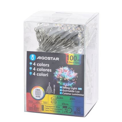 Aigostar - LED-Lichterkette für den Außenbereich, 100 LEDs, 8 Funktionen, 3xAA, 10,3 m, IP44, mehrfarbig