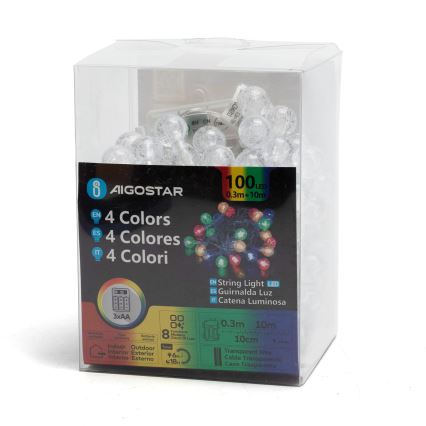 Aigostar - LED-Lichterkette für den Außenbereich, 100 LEDs / 8 Funktionen, 3xAA, 10,3 m, IP44, mehrfarbig