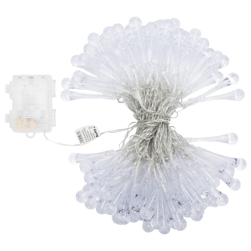 Aigostar - LED-Außen-Weihnachts-Lichterkette, 100 LEDs, 8 Funktionen, 3×AA-Batterien, 10 m, IP44, kaltweiß, tropfenförmige LEDs