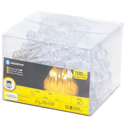 Aigostar - LED-Außen-Weihnachtskette 100xLED/8 Funktionen 3xAA 10 m IP44 warmweiß Tropfen