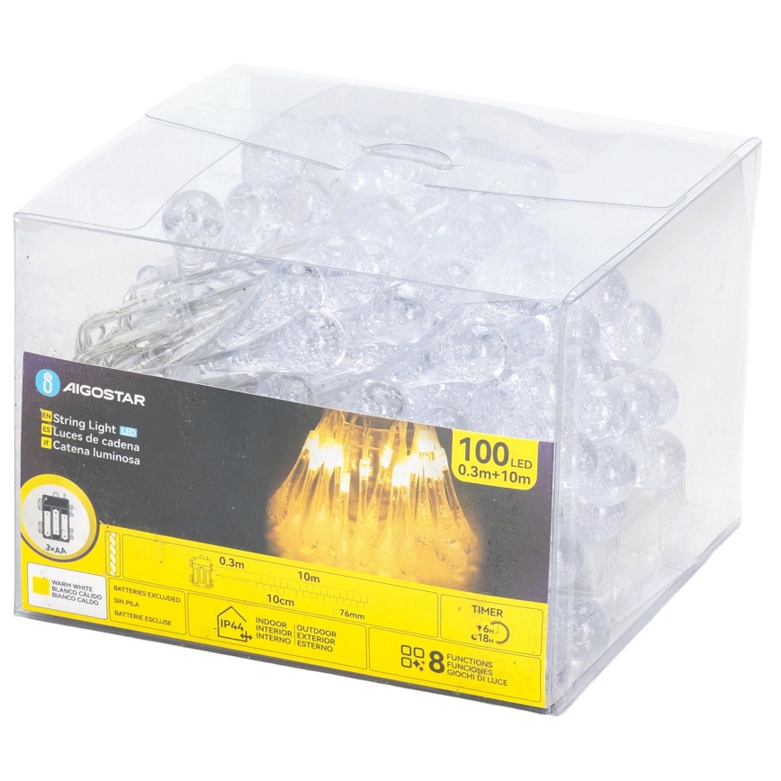 Aigostar - LED-Außen-Weihnachtskette 100xLED/8 Funktionen 3xAA 10 m IP44 warmweiß Tropfen
