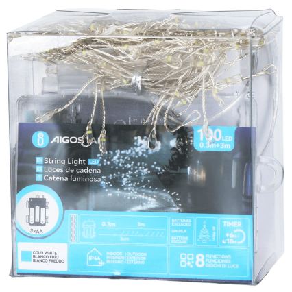 Aigostar - LED-Außen-Weihnachtslichterkette 100xLED/8 Funktionen 3xAA 3,3m IP44 kaltweiß