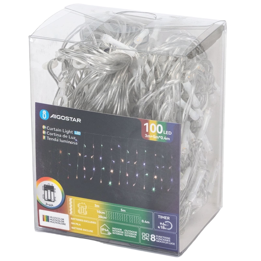 Aigostar-LED Außen-Weihnachtslichterkette 100xLED/8 Funktionen 3xAA 8x0,4m IP44 mehrfarbig