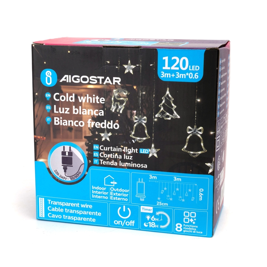 Aigostar - LED-Lichterkette für den Außenbereich 120 LEDs / 8 Funktionen 3 x 0,6 m IP44 kaltweiß + Fernbedienung