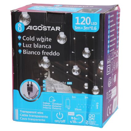Aigostar - LED Außen-Weihnachtslichterkette 120xLED/8 Funktionen 3x0,6m IP44 kaltweiß + Fernbedienung
