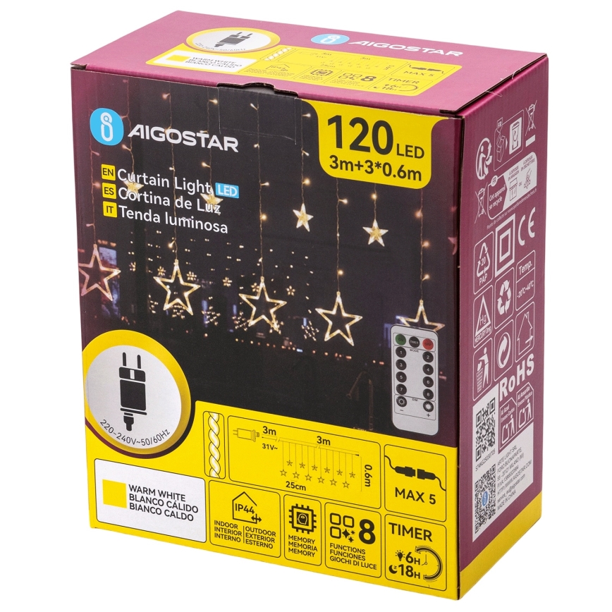 Aigostar - LED-Lichterkette für den Außenbereich 120xLED/8 Funktionen 3x0,6 m IP44 warmweiß + Fernbedienung