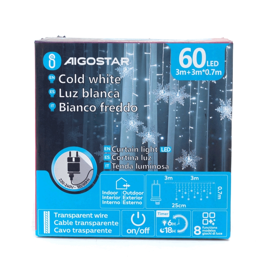 Aigostar - LED-Außen-Lichterkette, 120 LEDs, 8 Funktionen, 3 x 0,7 m, IP44, Kaltweiß + Fernbedienung