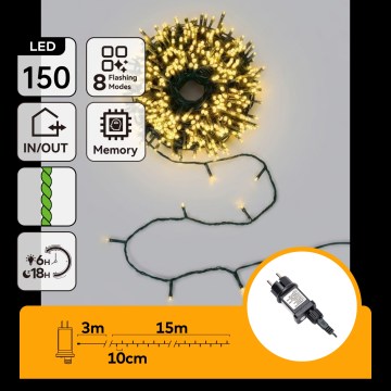 Aigostar - LED Außen-Weihnachtslichterkette 150 LED / 8 Funktionen 18 m IP44 warmweiß