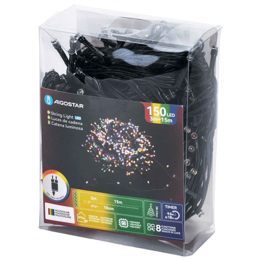 Aigostar - LED-Außen-Weihnachtslichterkette, 150 LEDs, 8 Funktionen, 18 m, IP44, mehrfarbig
