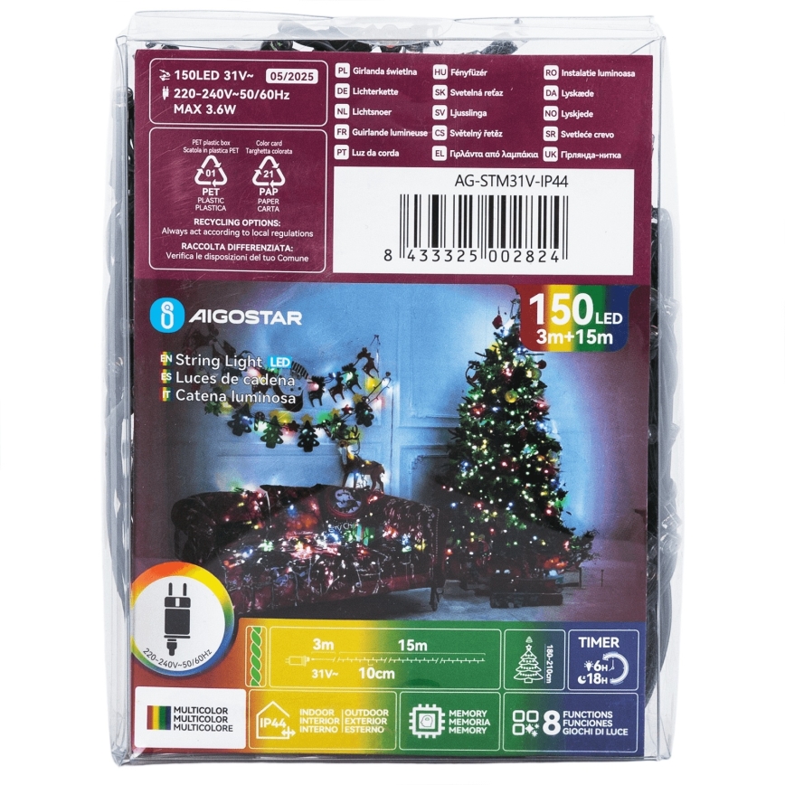 Aigostar - LED-Außen-Weihnachtslichterkette, 150 LEDs, 8 Funktionen, 18 m, IP44, mehrfarbig
