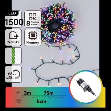 Aigostar - LED-Außen-Weihnachtslichterkette 1500xLED/8 Funktionen 78m IP44 mehrfarbig