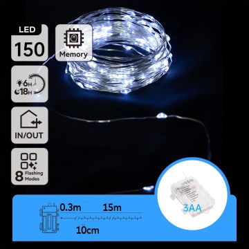Aigostar - LED-Außen-Weihnachtslichterkette 150xLED/8 Funktionen/3xAA 15,3m IP44 kaltweiß