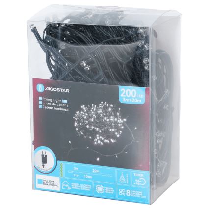 Aigostar - LED-Außen-Weihnachtslichterkette 200xLED/8 Funktionen 20m IP44 kaltweiß
