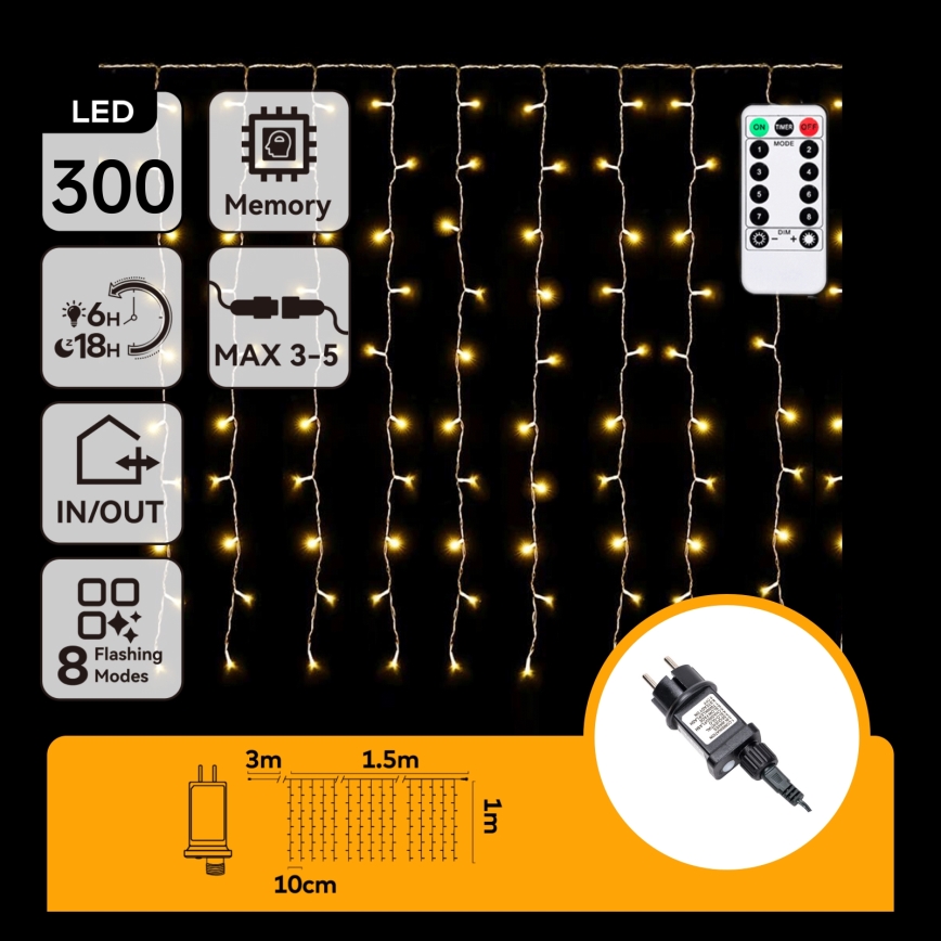 Aigostar - LED-Außen-Weihnachtslichterkette 300xLED/8 Funktionen 3x1m IP44 warmweiß + Fernbedienung