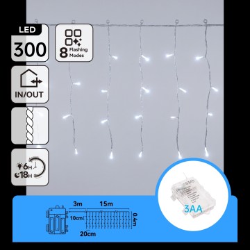 Aigostar - LED Außen-Weihnachtslichterkette 300xLED/8 Funktionen 3xAA 18x0,4m IP44 kaltweiß