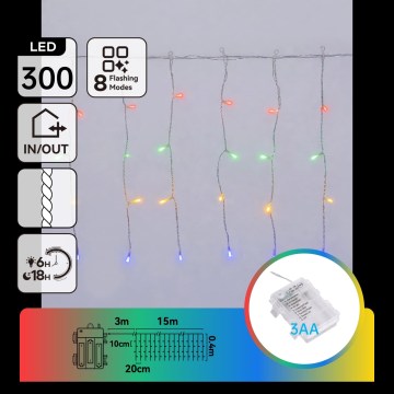 Aigostar - LED-Außen-Weihnachtslichterkette 300xLED/8 Funktionen 3xAA 18x0,4m IP44 mehrfarbig